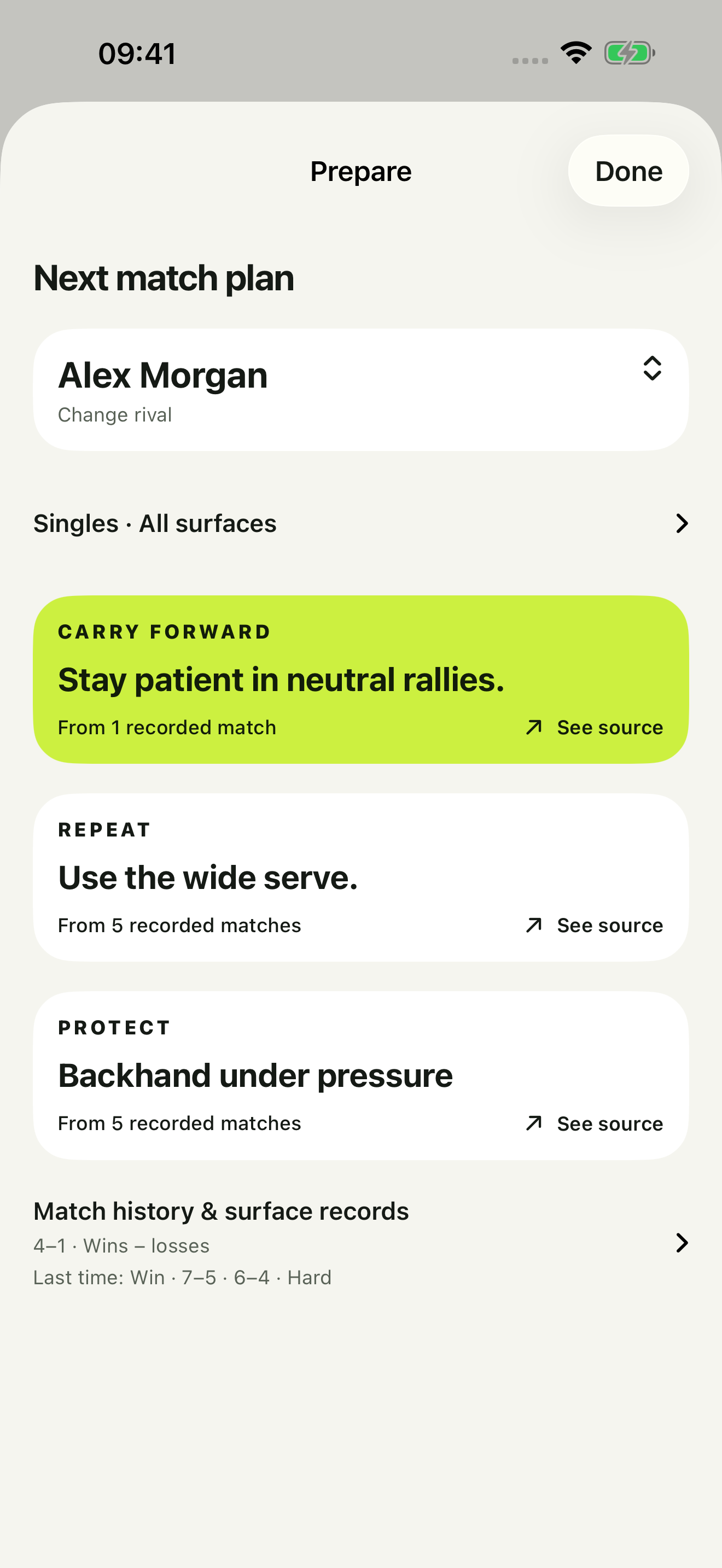 RallyCue Next Match Plan screen