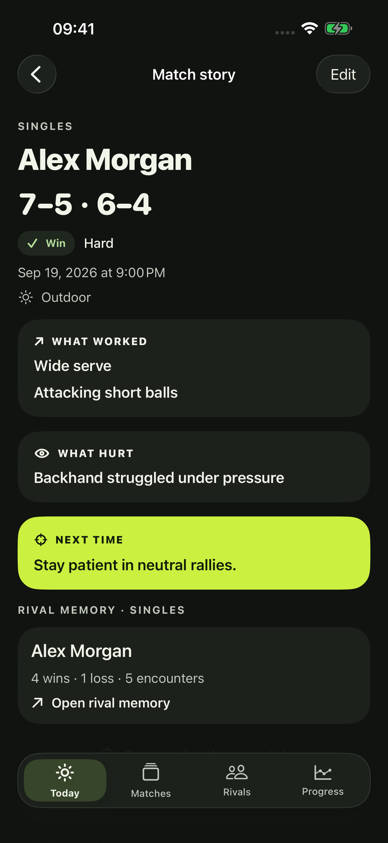 RallyCue Match Story screen in dark mode